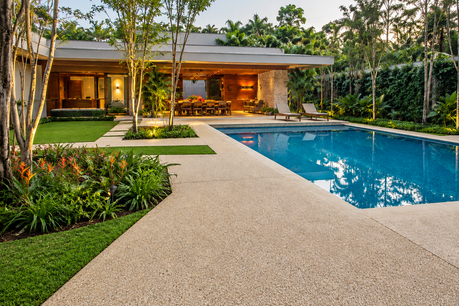 Casa contemporânea com piscina e piso de pedra na área externa