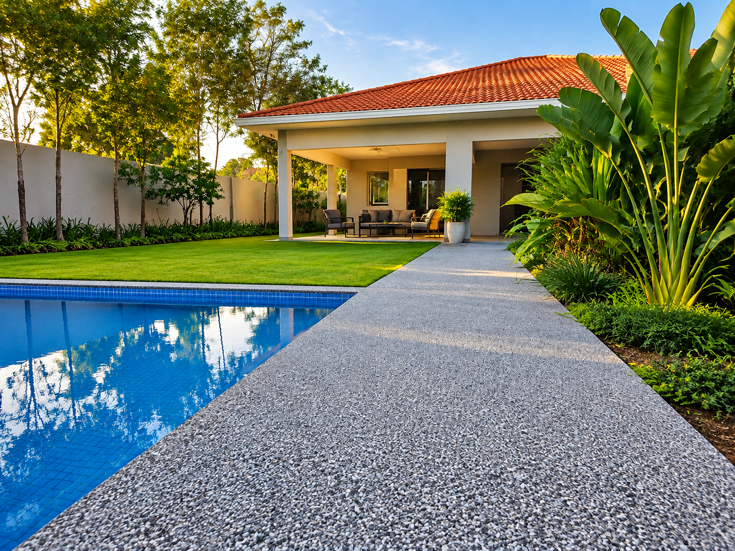 Caminho revestido com pedra junto à piscina e ao jardim