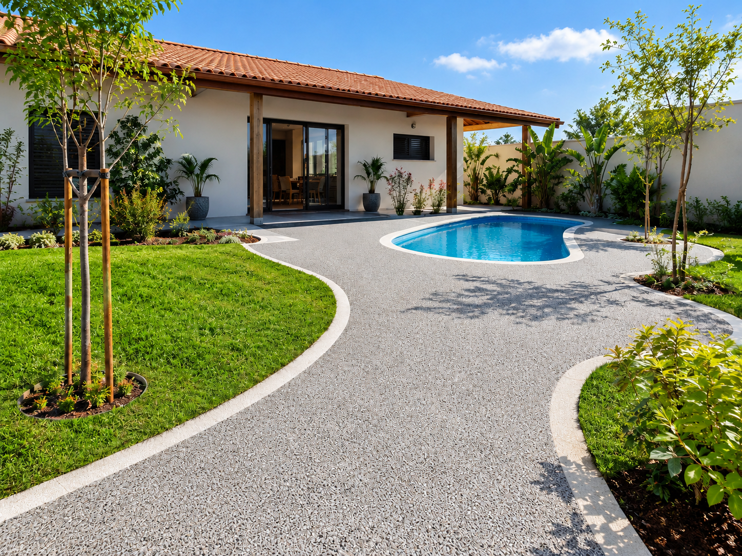 Piscina com curvas, jardim e piso de pedra na área externa
